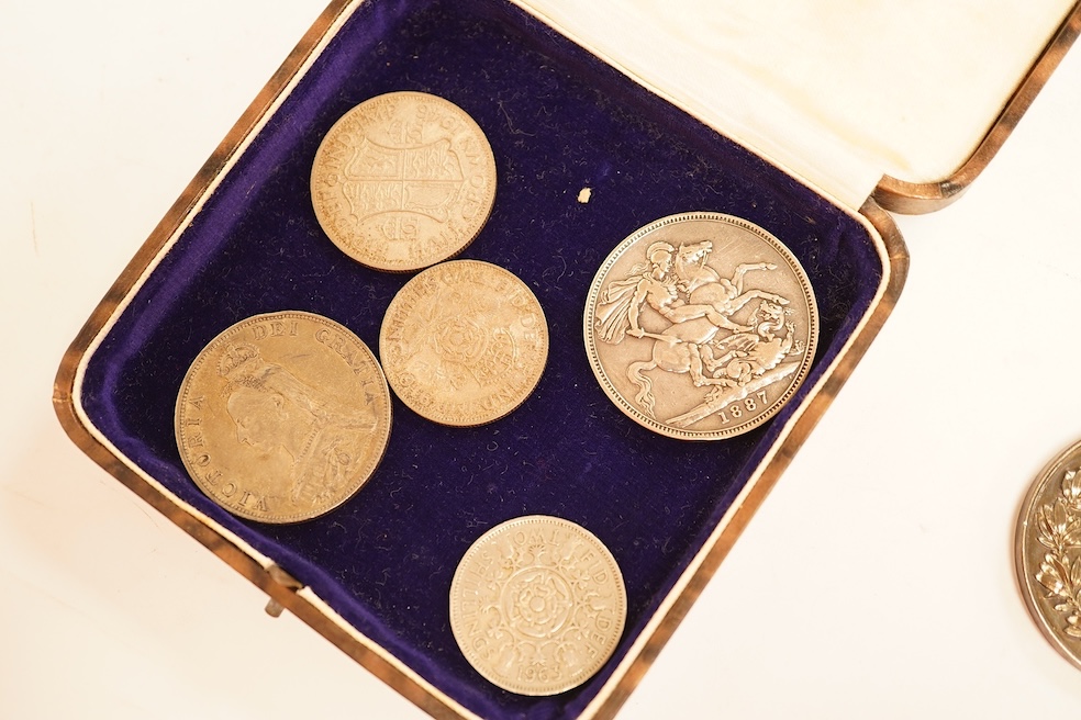 British coins and medals, Victoria, two crowns, 1887 fine, and 1899, good VF, double florin, 1887, VF, other coins and three silver University College Dublin medical school Medals, 1910, good VF